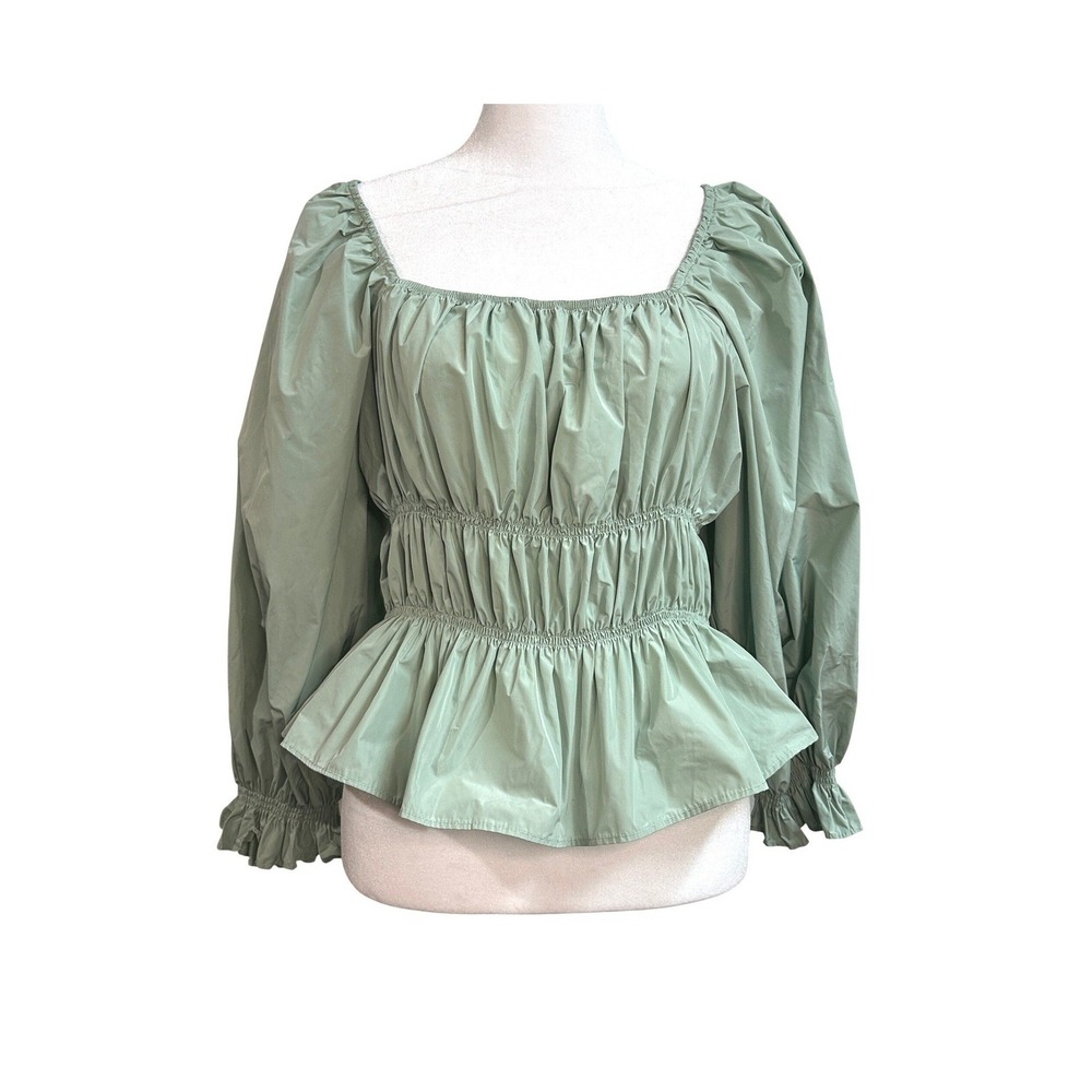 Zara Sage Green Smocked Peplum Nylon Top Puff Sleeve Square Neck Size L